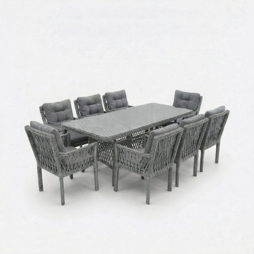 Oslo 8 Kişilik Raddan Masa Takımı 100x200 Masa 8 Adet Oslo Koltuk - Gri